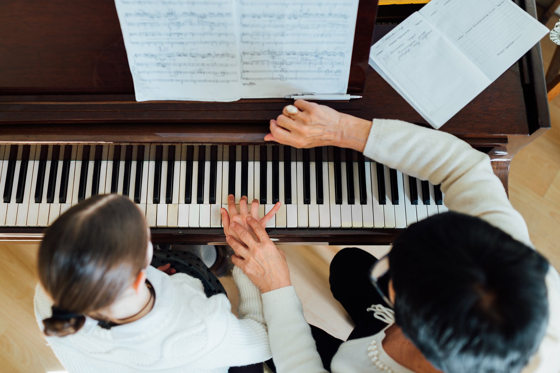 music teacher with the pupil at   lesson piano,